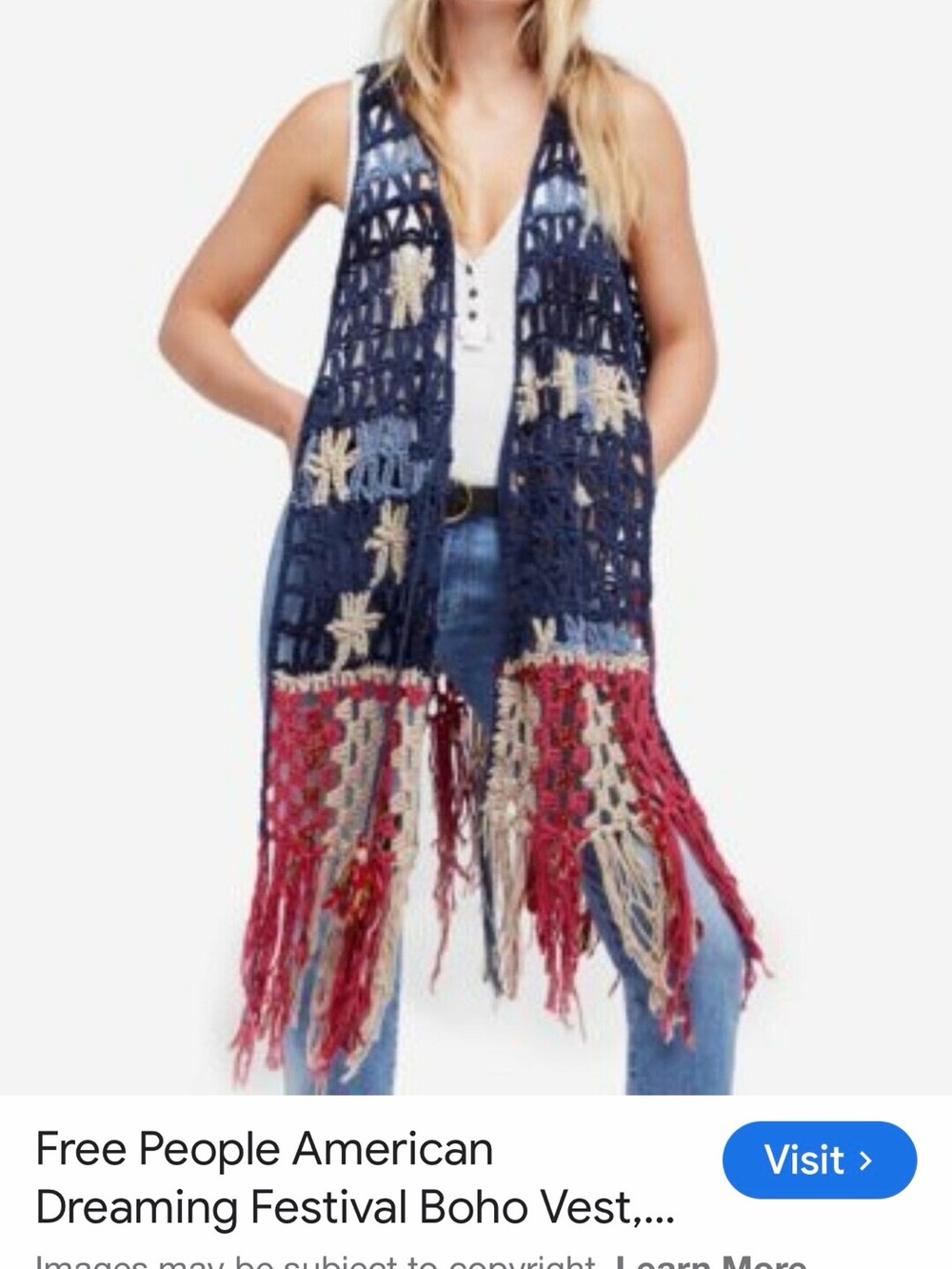Free People American 🇺🇸 Dreaming Festival Boho Vest Blue Red Size ML - Picture 2 of 9